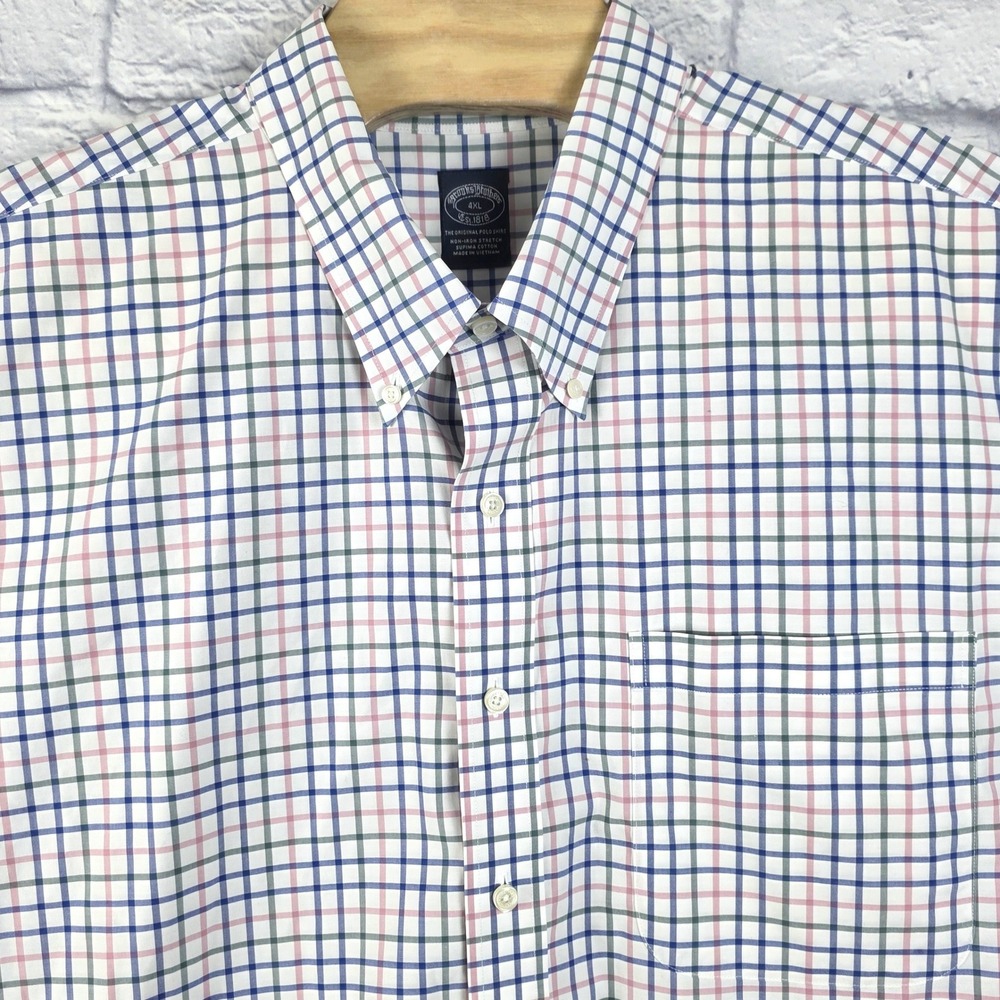 Brooks Brothers Men White Non-Iron Cotton Stretch Plaid Button Down Shirt Sz 4XL